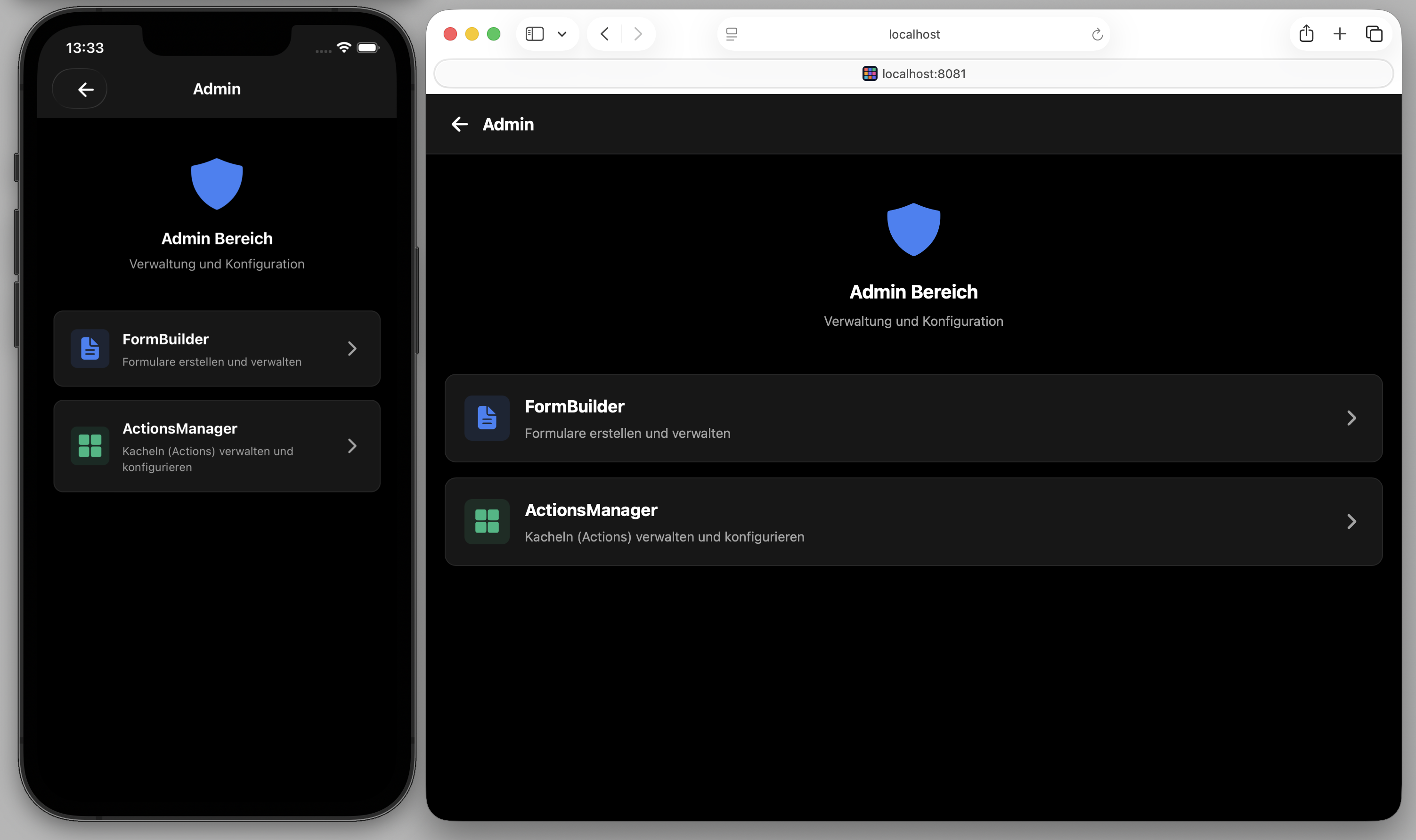 Admin Tool mit Form-Builder und Actions-Manager